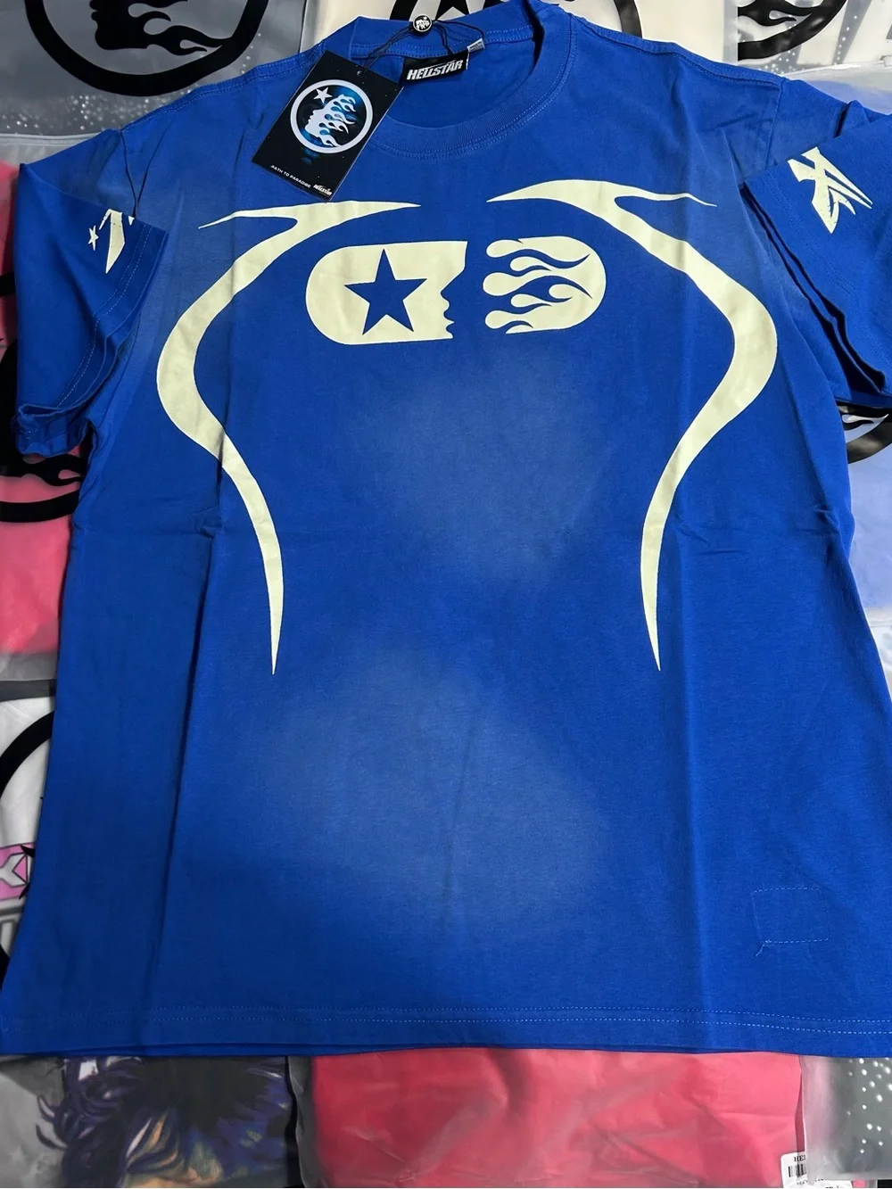 ' Blue Graphic Tee with Cream Flame Star Design